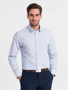 Koszule męskie - Klasyczna męska bawełniana koszula SLIM FIT w mikro wzór - błękitna V7 OM-SHCS-0156 - grafika 1