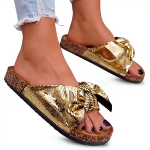 Klapki Damskie Lekkie na Korkowej Podeszwie Wendy Metallic Złote 36 - Klapki i japonki damskie - miniaturka - grafika 1