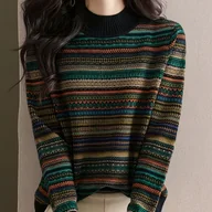 Swetry damskie - TEMU Damski Sweter Oversize z Kontrolą Brzucha - Elegancki Półgolf w Paski, Wielokolorowy (Brązowy/Zielony/Beżowy/Czarny/Biały) - Przyjazny Zimowy - miniaturka - grafika 1