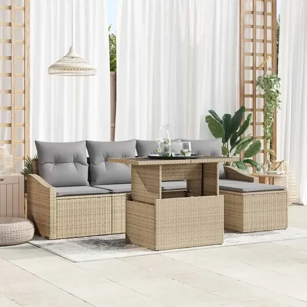 Zestaw Sof Ogrodowych Rattan Beżowy, 5 Osób, 2 Sofy, Pufa, Stół