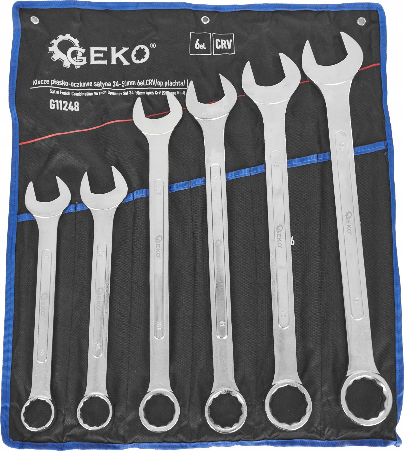 Geko Klucze płasko-oczkowe satyna 34-50mm 6el.CRV/op.płachta/ 3