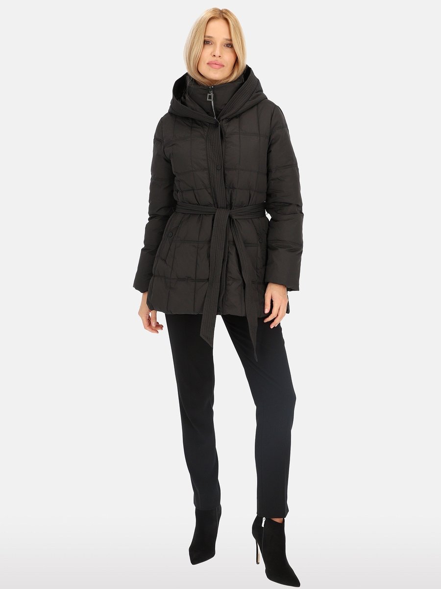 Krótka wiązana puchowa kurtka damska z kapturem S Czarny