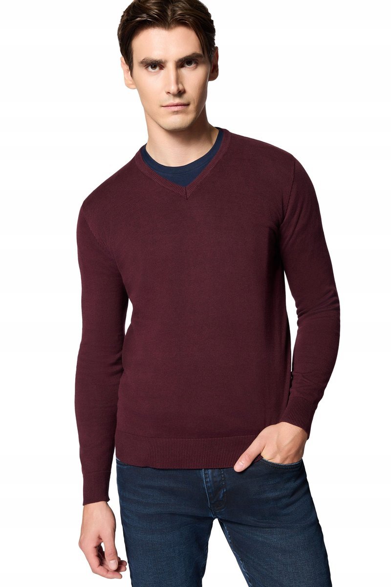 Sweter Męski Bordowy Bawełniany V-neck Próchnik PM7 L