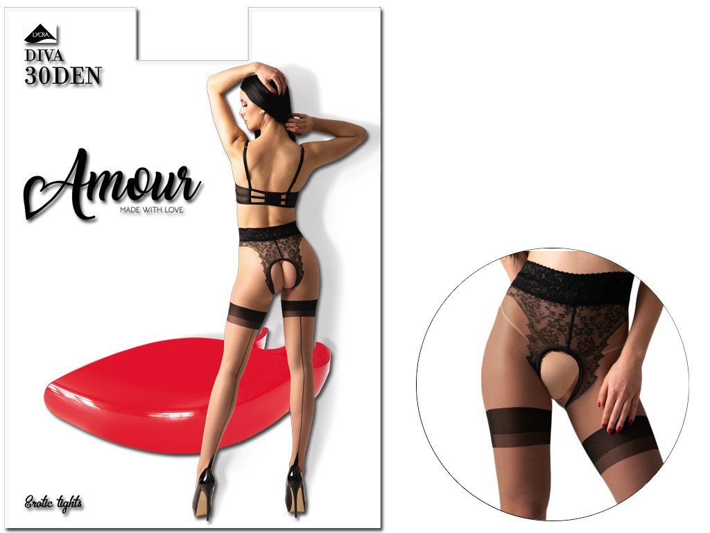 Opalone rajstopy z dziurą w kroku jak pończochy koronka Nero Beige 1-2