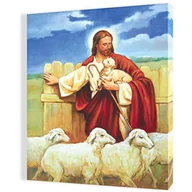 Ikony i obrazy sakralne - Obraz religijny na płótnie Jezus Chrystus Dobry Pasterz z barankami - miniaturka - grafika 1