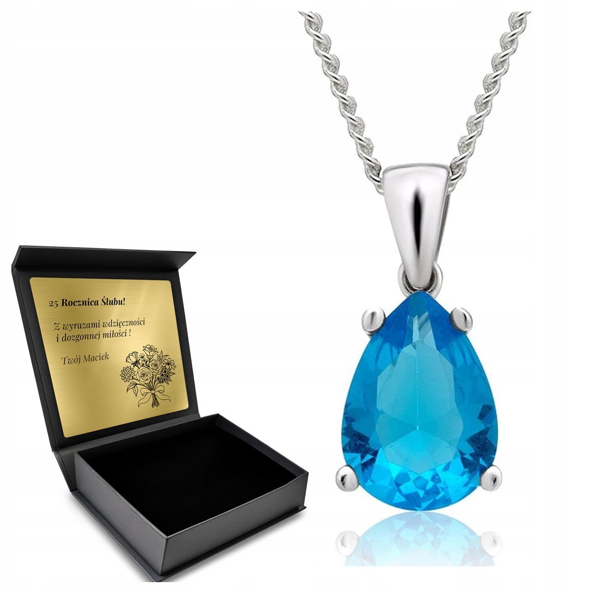 Naszyjnik Srebrny 925 Błękitny Topaz Biżuteria Dla Kobiety + Grawer