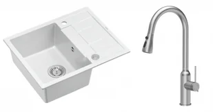 Quadron Unique Zlewozmywak granitowy jednokomorowy 62*50*22 cm z ociekaczem MORGAN 116 SNOW WHITE z syfonem Push-2-Open w kolorze stalowym z baterią JESSICA Q LINE z wyciąganą wylewką i funkcją prysznica kolor stal szczotkowana - Zlewozmywaki z baterią - miniaturka - grafika 1