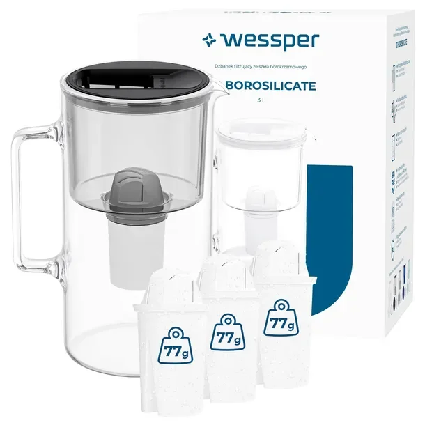Dzbanek filtrujący szklany Wessper D2 BOROSILICATE 3l czarny + 4x filtr