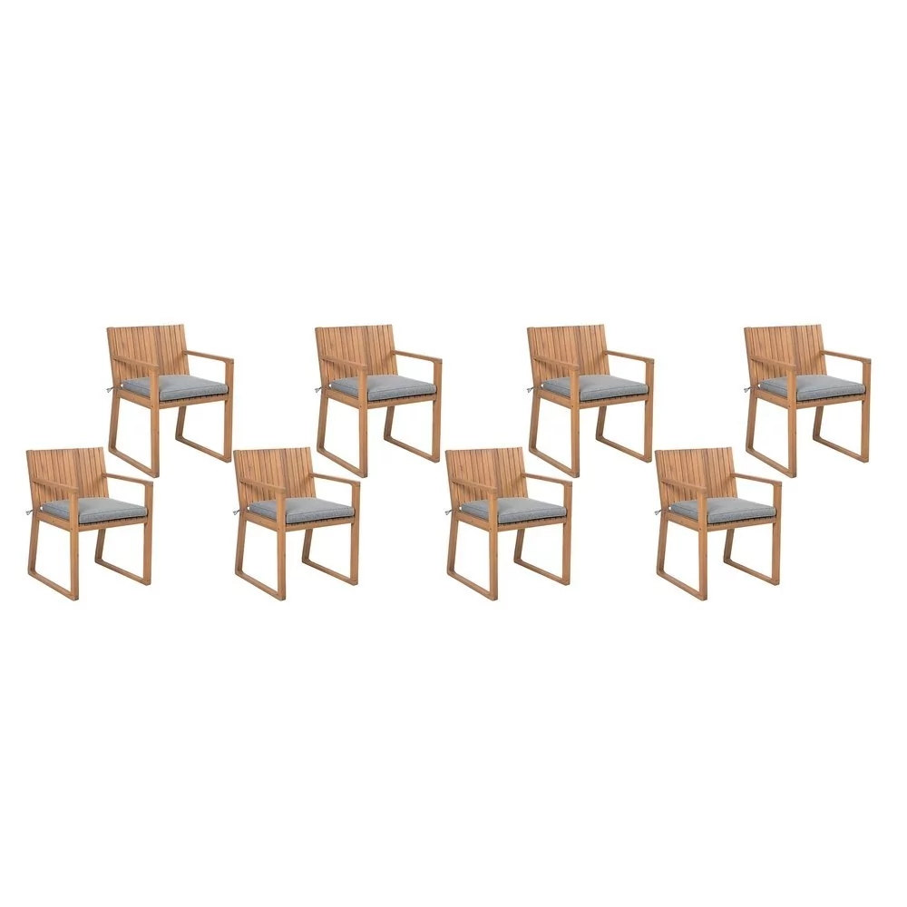 Beliani Zestaw 8 drewnianych krzeseł ogrodowych z szarymi poduchami SASSARI
