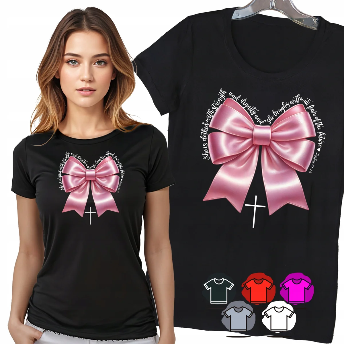 KOSZULKA DAMSKA T-SHIRT - RÓŻOWA SATYNOWA KOKARDKA ELEGANCKI PREZENT - XS