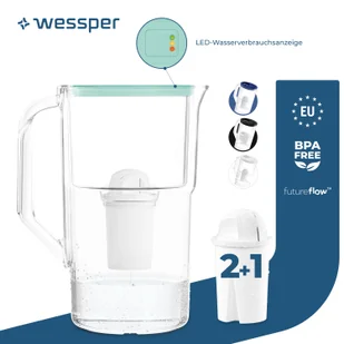 Dzbanek filtrujący wodę Wessper 3,3 l z licznikiem LED Karafka filtrująca Classic kompatybilna z filtrem Brita Classic - miętowy 3x filtry w zestawie - Karafki - miniaturka - grafika 1
