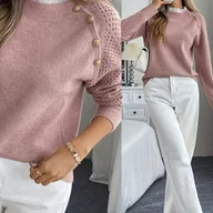 Swetry damskie - TEMU Elegancki Sweter Damski z Koronkowym Wykończeniem - Okrągły Dekolt, Miękki i Ciepły, Luźny Krój, Długi Rękaw, Jednokolorowa Bluzka na Jesień i - miniaturka - grafika 1