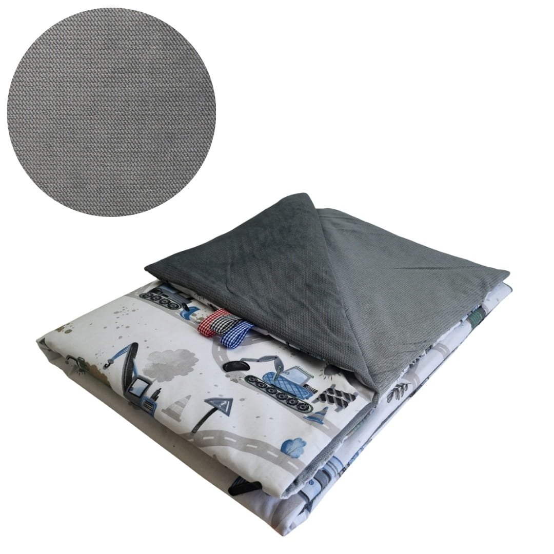 Kocyk Dziecięcy 75x100 Ocieplany Koparki Niebieskie Nowe/Grafit Bawełna/Velvet Polski Producent