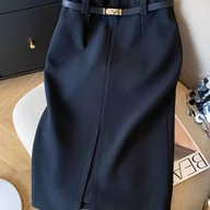 Spódnice - TEMU Elegancka Spódnica z Paskiem dla Kobiet, Wiosna/ 2025, Midi Spódnica z Przodowym Rozcięciem, Spódnica Wrap do Pracy, Wysokiej Klasy Spódnica do - miniaturka - grafika 1