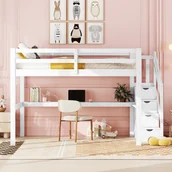 Łóżka dla dzieci i młodzieży - Łóżko piętrowe Flieks 140×200 cm ze schodami i biurkiem, łóżko piętrowe młodzieżowe z listwowym stelażem, łóżko dziecięce z zabezpieczeniem przed wypadnięciem, łóżko z litego drewna, białe - miniaturka - grafika 1