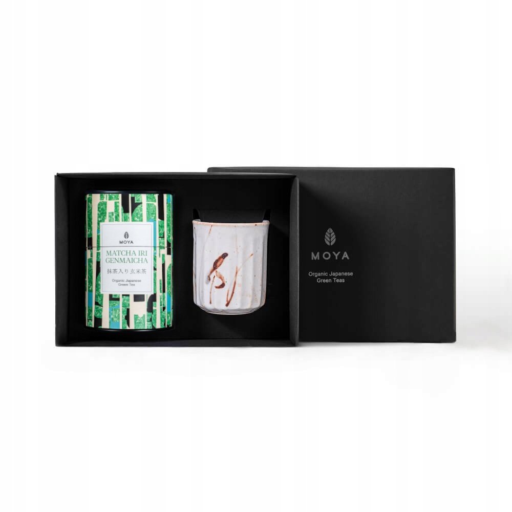 Zestaw organiczna zielona herbata Moya Matcha Iri Genmaicha i kubek Sato