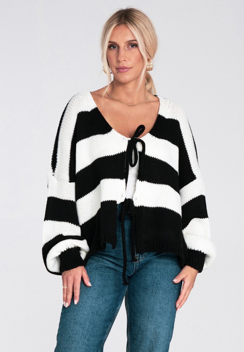 Damski krótki sweter w biało-czarne paski z wiązaniem z przodu, dekolt V, luźny casual - M1244, czarny, L