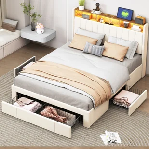 Łóżko tapicerowane Fortuna Lai 160x200cm z 3 szufladami, USB i typu C, z miejscem do przechowywania i stelażem listwowym, łóżko podwójne z zagłówkiem Led i schowkiem, łóżko młodzieżowe, aksamit, beżowy - Łóżka - miniaturka - grafika 1