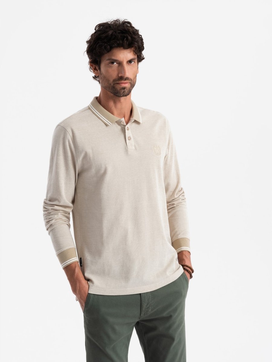 Melanżowy męski polo longsleeve haft piaskowy melanż V4 OM-POLS-0129 XXL
