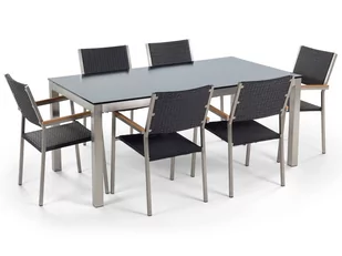 Beliani Stół szklany czarny - 180 cm - z 6 rattanowymi krzesłami - GROSSETO - Meble ogrodowe - miniaturka - grafika 1