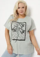 Bluzki damskie - Miętowa Bawełniana Bluzka z Ażurową Wstawką i Nadrukiem Blineria - miniaturka - grafika 1