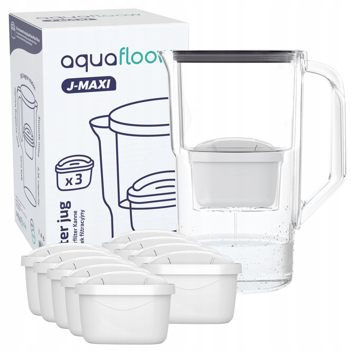 Plastikowy dzbanek filtrujący AquaFloow J-MAXI 2,5l czarny + 10x filtr wody