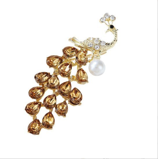 Uroczy ptak broszka paw z perłą żółty