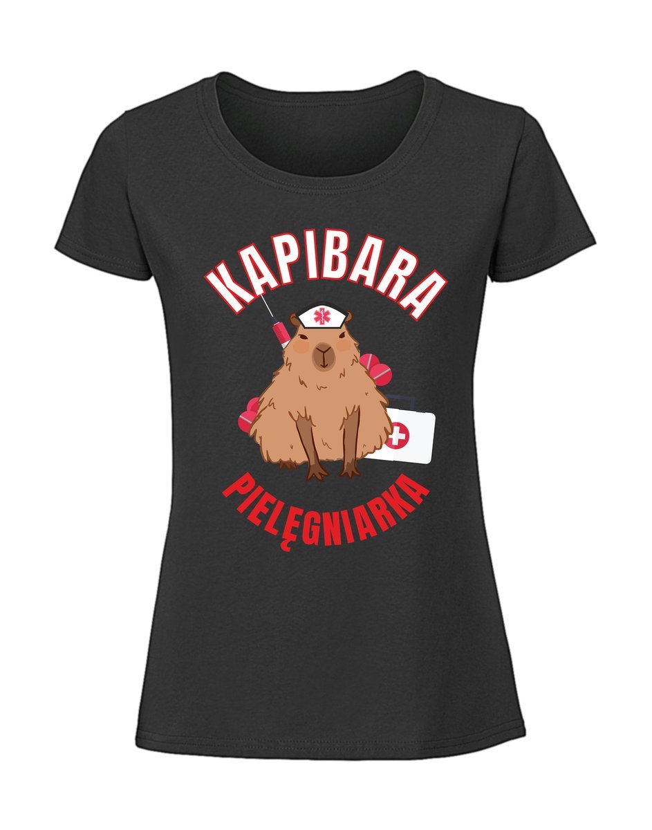 Damska koszulka z nadrukiem - capybara pielęgniarKA czarny L