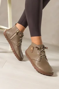 Ciemnobeżowe botki barefoot skórzane damskie szerokie na elastycznej płaskiej podeszwie złota ozdoba elastyczne sznurówki PRODUKT POLSKI Casu 69927 - Botki damskie - miniaturka - grafika 1