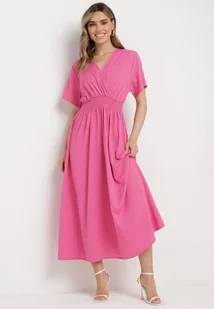 Różowa Sukienka Długa o Rozkloszowanym Fasonie z Kopertowym Dekoltem Saliusa - Sukienki - miniaturka - grafika 1