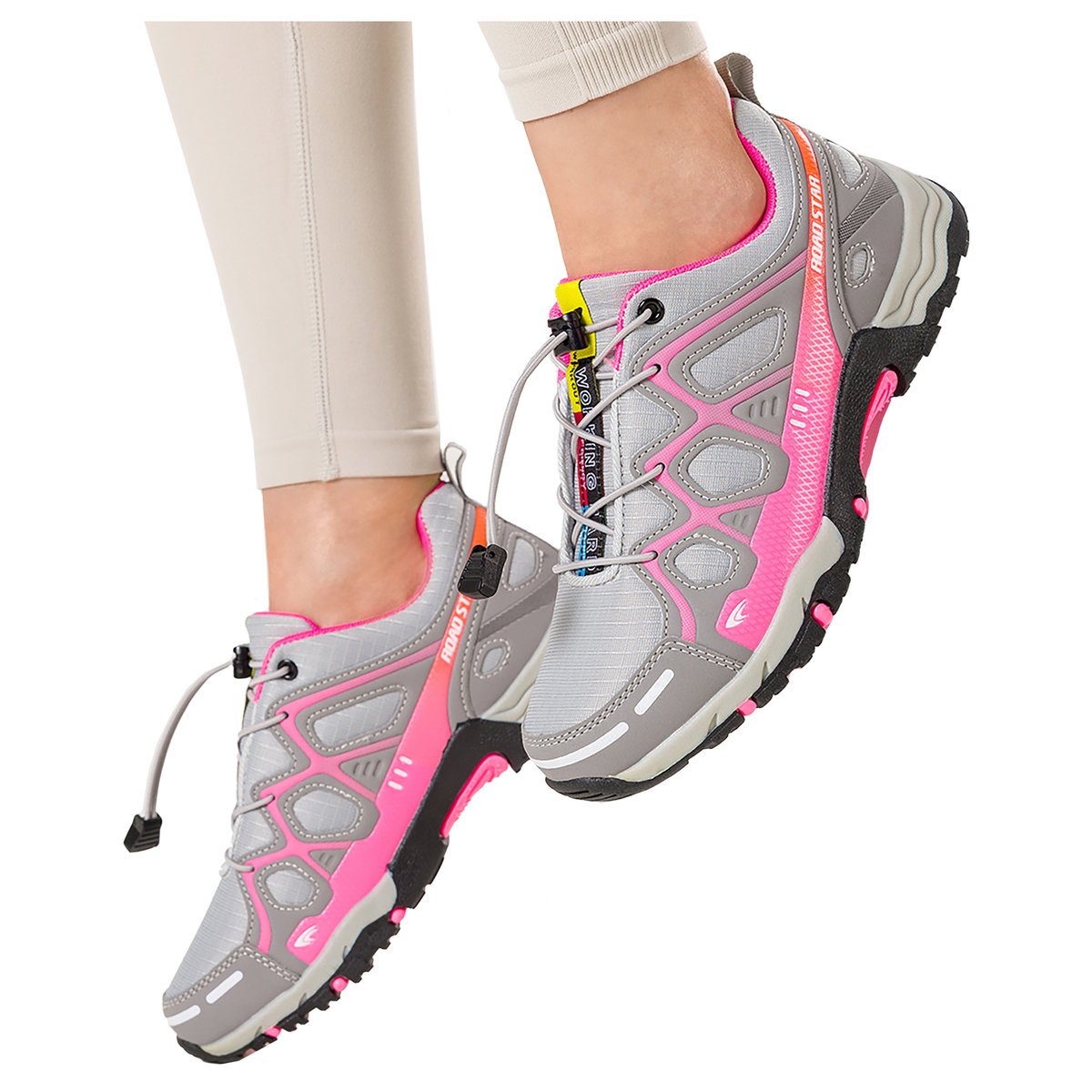 Szare buty sportowe trekkingowe damskie na bieżnikowanej podeszwie z regulowaną elastyczną sznurówką Casu 2101-12W-39