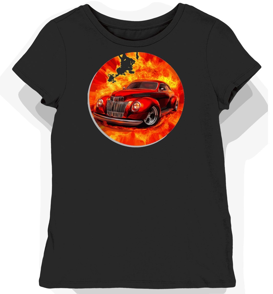 Koszulka damska czarna z Motywem Klasycznego Hot Rodu w Ogniu S