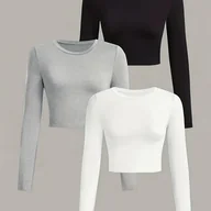 Bluzki damskie - TEMU 3 sztuki damskich bluzek z długim rękawem - elastyczne, okrągłe dekolte, jednokolorowe (czarny, szary, biały) - codzienny zestaw bluzek na każdą - miniaturka - grafika 1