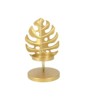 ŚWIECZNIK METALOWY ZŁOTY Z OZDOBNYM LIŚCIEM - Świeczniki - miniaturka - grafika 1