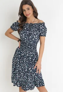 Granatowa Bawełniana Sukienka Hiszpanka w Kwiaty z Marszczoną Gumką w Talii Rosaliya - Sukienki - miniaturka - grafika 1