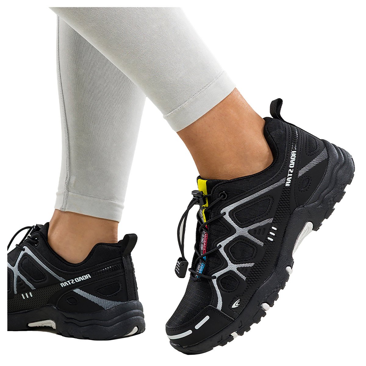 Czarne buty sportowe trekkingowe damskie na bieżnikowanej podeszwie z regulowaną elastyczną sznurówką białe wstawki Casu 2101-1W-38