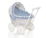 Wózki dla lalek - Wiklinowy wózek dla lalek pchacz biały z pościelką brudny niebieski i miękką wyściółką CHIARA - miniaturka - grafika 1