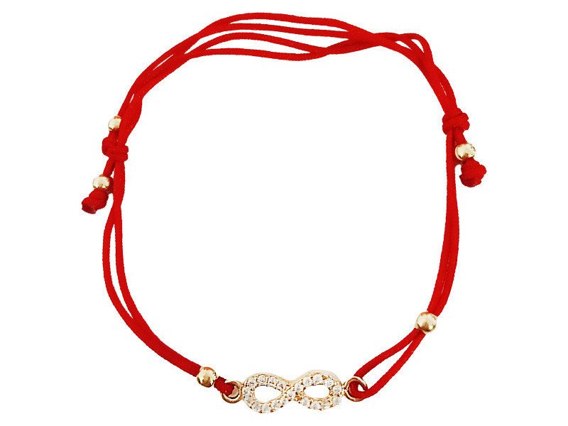 Złota bransoletka 585 z nieskończonością z cyrkoniami na czerwonym sznurku