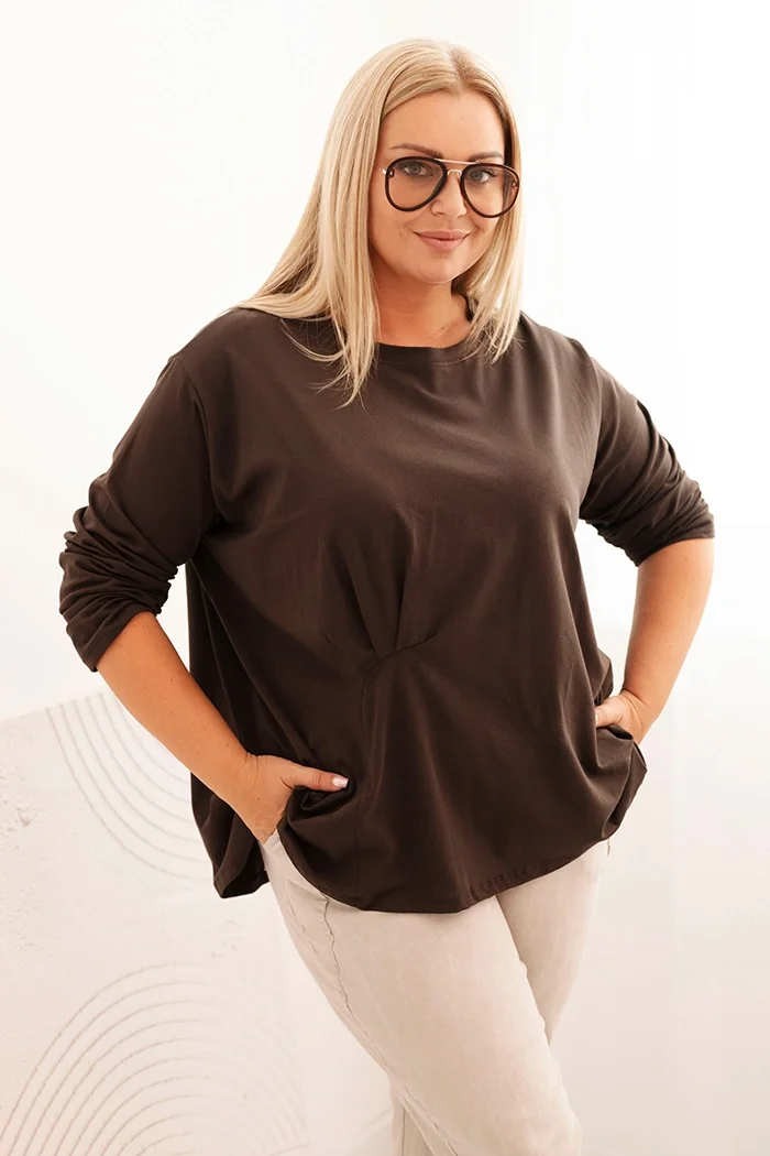 Bluzka damska plus size z bawełną z długim rękawem i marszczeniem brązowa Brązowy