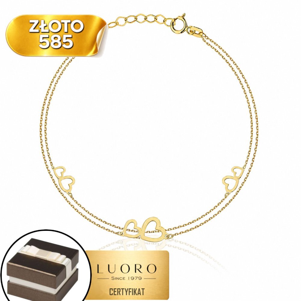 BRANSOLETKA ZŁOTA 585 14K PODWÓJNY ŁAŃCUSZEK SERCA 17-19 CM REGULOWANA