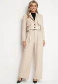Komplety damskie - Beżowy Komplet Garniturowy Marynarka ze Ściągaczem i Szerokie Spodnie z Dwoma Paskami Riliona - miniaturka - grafika 1