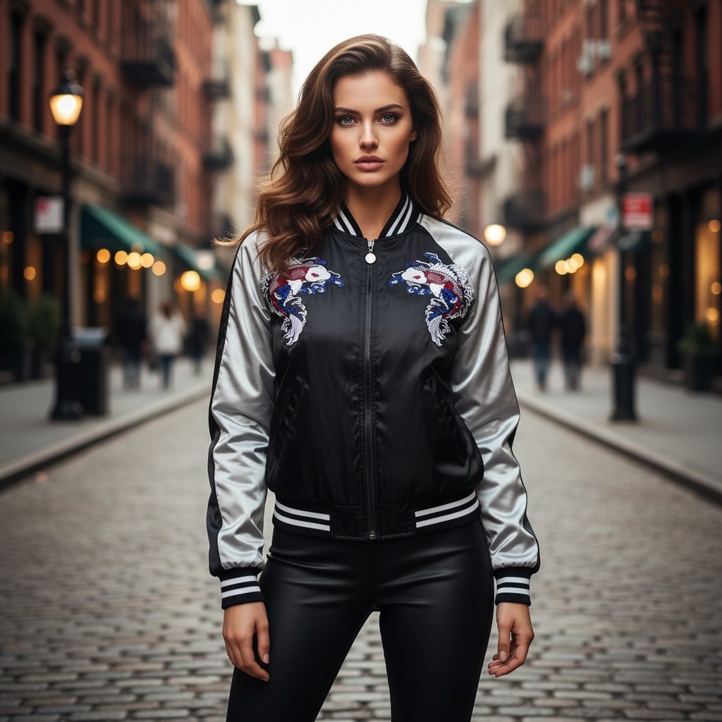 Kurtka Damska Bomberka Bejsbolówka Haft Koi Czarny #H-796 M
