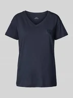 Koszulki i topy damskie - T-shirt z prążkowanym dekoltem w serek - miniaturka - grafika 1