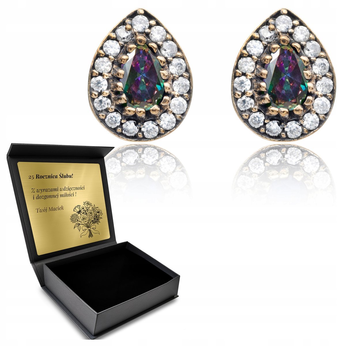 Kolczyki Srebrne Z Tęczowym Kamieniem I Cyrkoniami Delikatne Sztyft Grawer