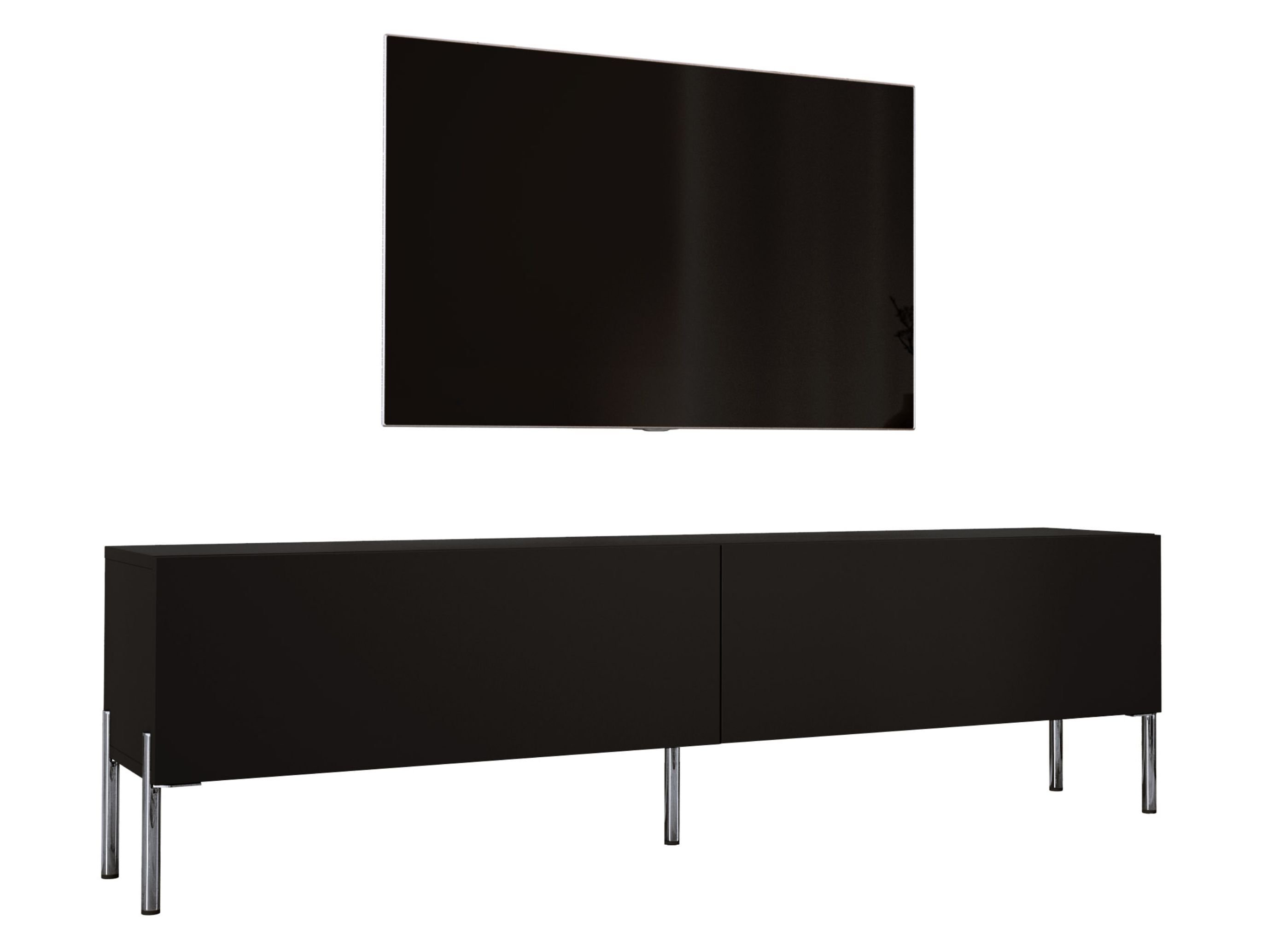 Szafka pod telewizor w kolorze czarnym matowym / czarnym błyszczącym z chromowanymi nogami, A: szer: 170 cm cm, wys: 52 cm, gł: 32 cm. Meble pod telewizor, stolik pod telewizor, ława pod telewizor