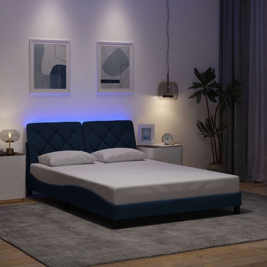 Rama łóżka z LED bez materaca Niebieski 140x190 cm Tkanina