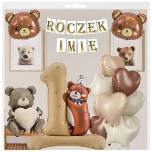 BALONY NA PIERWSZE URODZINY ROCZEK IMIĘ BANER PERSONALIZOWANY BALON 1 MIŚ - Baby shower i roczek - miniaturka - grafika 1