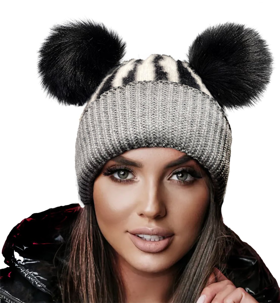 ZIMOWA CZAPKA WOOLK DWA POMPONY ZEBRA GAGA Szara