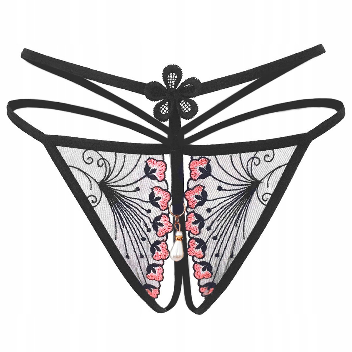 Stringi paseczki czarne majtki haft siateczka - S/M