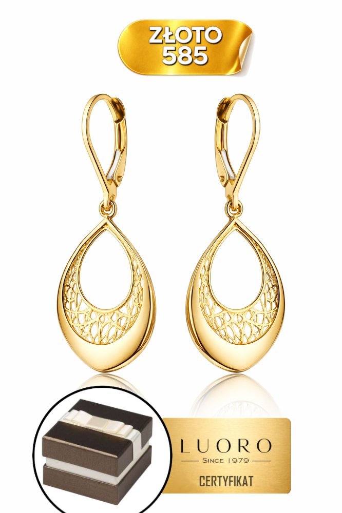 KOLCZYKI ZŁOTE 585 14K AŻUROWE ŁEZKI DŁUGOŚĆ 3,5 CM LEKKIE ELEGANCKIE